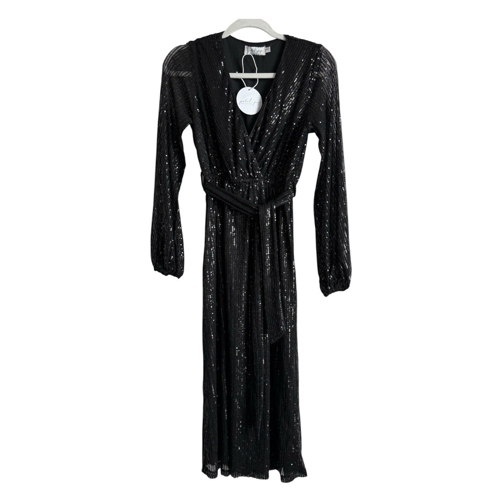 Petal + Pup Black Sequin Short Dress Wrap Long Sleeve Sparkly Party Size 2 NEW